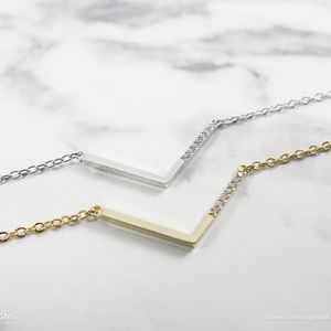 Gold Silver Cubic CZ Modern V Necklace